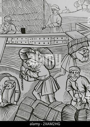 Francia. Portatori di fieno. Facsimile di un'incisione da ''Les ordonnances royaux sur le faict et jurisdiction de la prevoste des marchands et eschevinage de la ville de Paris', Parigi, 1528. "Moeurs, usages et costumes au moyen-age et a l'epoque de la Renaissance", di Paul Lacroix. Parigi, 1878. Foto Stock