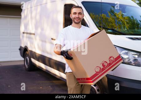 Un giovane corriere postale sorridente davanti al furgone merci che consegna il pacco Foto Stock