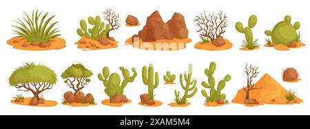 Illustrazione di varie piante e paesaggi del deserto cartoni animati, con cactus, rocce e dune di sabbia in uno stile stravagante. Illustrazione Vettoriale
