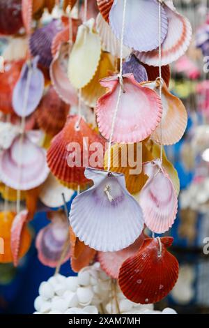 Pacchetto di conchiglie colorate. Vari tipi di decorazione domestica dalle conchiglie di mare. Souvenir e regali in vendita dalla Grecia, Europa. Ornamenti di Foto Stock