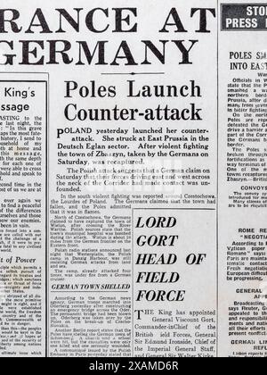 Titolo "Poles Launch Counter-Attack" in prima pagina del Daily mail (replica) 4 settembre 1939, sullo scoppio della seconda guerra mondiale. Foto Stock