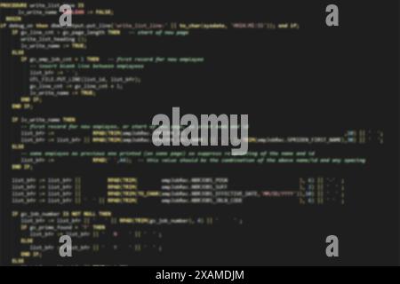 Codice di programmazione software sfocato su sfondo scuro Foto Stock