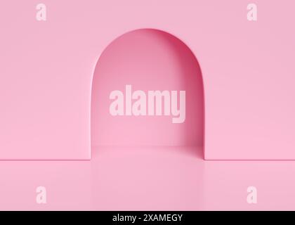 Monolocale rosa con foro per finestra ad arco nel muro. illustrazione di rendering 3d. Foto Stock