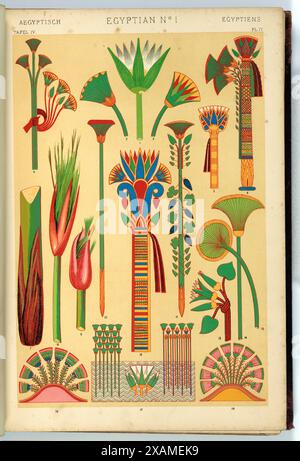 Ornamento egiziano (1). La Lotus e il Papiro. Tavola 4 del libro: La grammatica dell'ornamento, 1868. Foto Stock