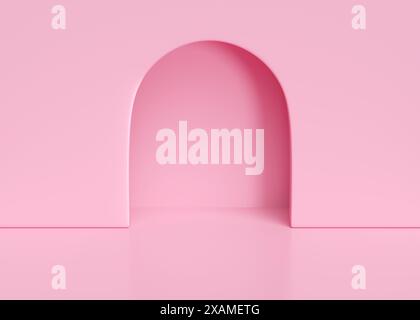 Monolocale rosa con foro per finestra ad arco nel muro. illustrazione di rendering 3d. Foto Stock