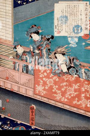 Yosooi: Cortigiane su un balcone che guardano un giocoliere di strada. Dalla serie Meigi sanjurokasen' (famosa geisha rispetto a 36 poeti)., c1860. Foto Stock