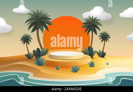 Spiaggia su un'isola con podio e palme, vacanza al mare. Vettore Illustrazione Vettoriale