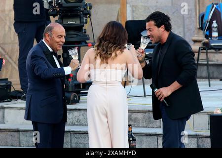 Verona, Italia. 7 giugno 2024. Foto Paola Garbuio/LaPresse 07 giugno 2024, 2024 Verona Arena di Verona la grande Opera Italiana Patrimonio dell'umanit&#xe0;' nella foto: Bruno Vespa, Grigolo Vittorio, Mariangela Sicilia crediti: LaPresse/Alamy Live News Foto Stock