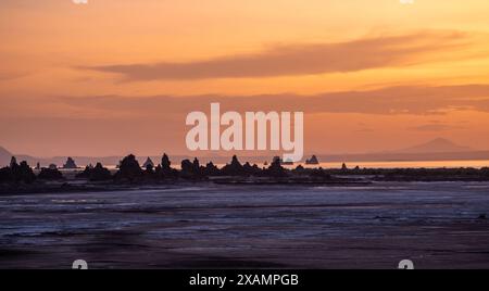 Tramonto al confine di Gibuti e Etiopia con camini di pietra calcarea formazioni rocciose geologiche in un tramonto raggi con il lago salato Abbe sullo sfondo, D. Foto Stock