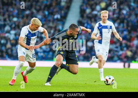 Glasgow, Regno Unito. 7 giugno 2024. La Scozia gioca contro la Finlandia in un'amichevole di calcio UEFA International all'Hampden Park, stadio di calcio, Glasgow, Scozia, Regno Unito. Questa sarà l'ultima partita internazionale giocata dalla Scozia prima di giocare contro la Germania nella partita di apertura della Coppa Euro 2024. Crediti: Findlay/Alamy Live News Foto Stock