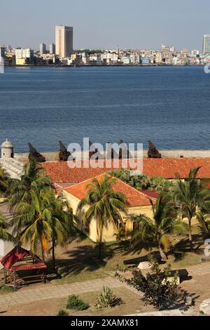 Vista dell'Avana dall'altra parte del porto dal castello di Morro, l'Avana, Cuba, Caraibi. Foto Stock