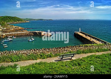 Regno Unito, Cornovaglia, porto esterno di Mevagissey da Cliff Park. Foto Stock