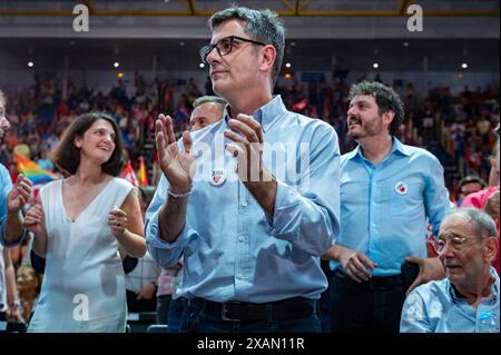 Fuenlabrada, Spagna. 7 giugno 2024. Felix Bolano, ministro spagnolo per la Presidenza, la giustizia e le relazioni parlamentari, visto durante la cerimonia di chiusura della campagna elettorale del PSOE per le elezioni del Parlamento europeo. Credito: SOPA Images Limited/Alamy Live News Foto Stock