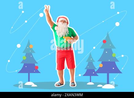 Babbo Natale con skateboard su sfondo blu. Natale a luglio Foto Stock