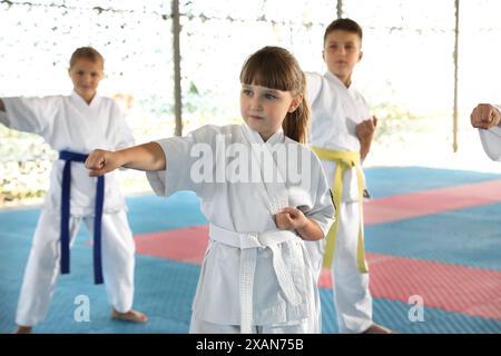 Bambini in kimono praticare karate su tatami all'aperto Foto Stock