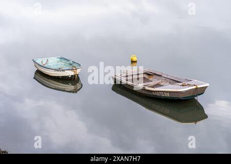 Barca a remi sul lago calmo, con riflessi sull'acqua Foto Stock