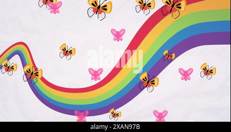 Immagine di farfalle che volano sopra l'arcobaleno su sfondo bianco Foto Stock