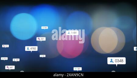 Immagine delle icone dei social media su colorate macchie di luce su sfondo scuro Foto Stock