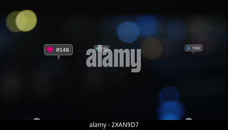 Immagine delle icone dei social media su macchie di luce colorate su sfondo nero Foto Stock