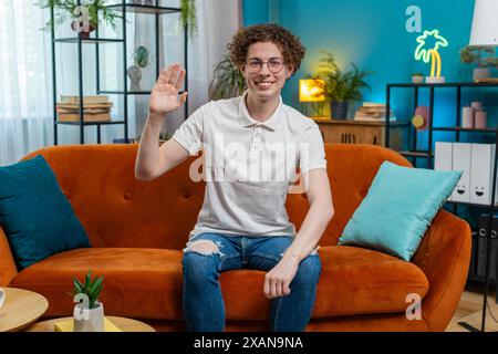 POV di un giovane caucasico che guarda la fotocamera, fa videochiamata in conferenza con amici o familiari, si gode una conversazione nell'appartamento di casa. Un ragazzo con i capelli ricci siede sul divano salutando. Foto Stock