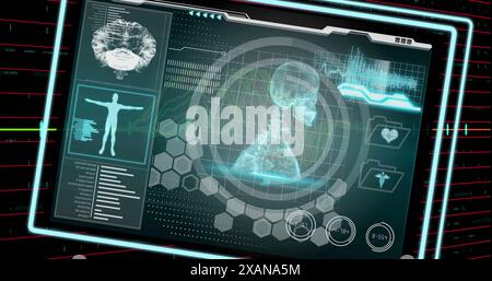 Immagine dell'elaborazione di dati medici su elaborazione di dati finanziari su sfondo nero Foto Stock