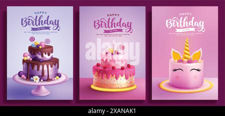 Design del set di poster vettoriali per biglietti di auguri di buon compleanno. Testo di benvenuto per il compleanno con torta realistica 3d a mirtilli, fragole e unicorno per invito Illustrazione Vettoriale