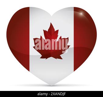 Bottone a forma di cuore decorato con bandiera canadese all'interno con effetto lucido. Illustrazione Vettoriale