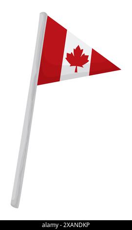 Pennant con la bandiera del Canada issata su un palo d'argento in stile cartoni animati su sfondo bianco. Illustrazione Vettoriale