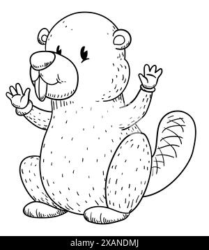 Disegno del castoro con le mani in alto e i guanti. Design retrò e disegnato a mano. Illustrazione Vettoriale