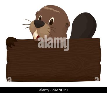 Carino castoro che regge una tavola di legno. Modello in stile cartone animato. Illustrazione Vettoriale