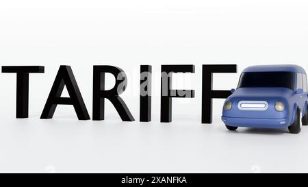 rendering 3d di un'auto con la parola tariffa sullo sfondo isolato. Nozione di imposte o dazi sulle merci importate. Foto Stock