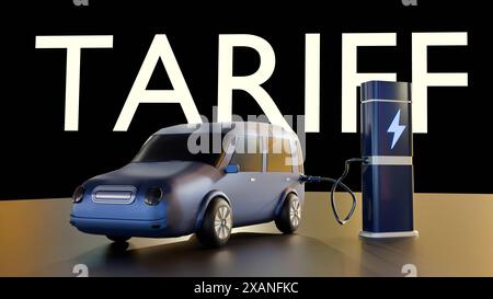 rendering 3d di un'auto con la parola tariffa sullo sfondo isolato. Nozione di imposte o dazi sulle merci importate. Foto Stock