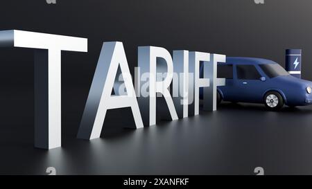 rendering 3d di un'auto con la parola tariffa sullo sfondo isolato. Nozione di imposte o dazi sulle merci importate. Foto Stock