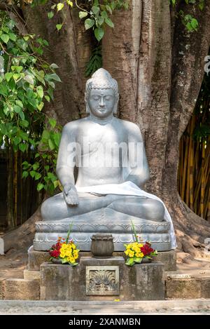 Candi Mendut, Magelang, Indonesia - 22 maggio 2024. Una statua di un Buddha seduta su un piedistallo di pietra. La statua è circondata da fiori e una piccola Foto Stock