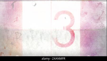 Grande numero tre in rosso su sfondo bianco con sfumature rosa e viola Foto Stock