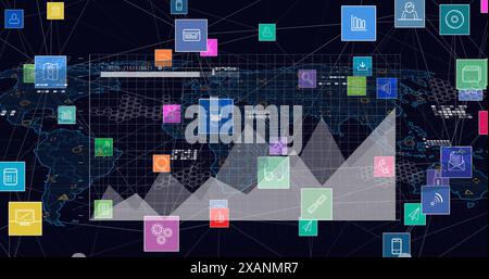 Immagine di una rete di icone digitali sull'elaborazione di dati statistici rispetto alla mappa mondiale Foto Stock