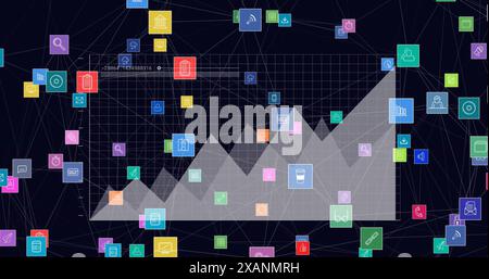 Immagine di una rete di icone digitali sull'elaborazione di dati statistici rispetto alla mappa mondiale Foto Stock