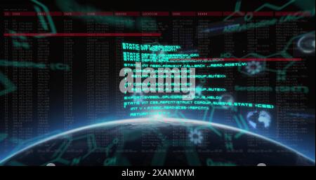 Immagine di strutture chimiche ed elaborazione dei dati contro uno spot luminoso luminoso sul globo Foto Stock