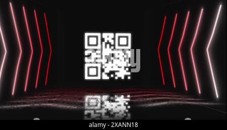 Immagine del codice qr su forme geometriche al neon, copia spazio Foto Stock