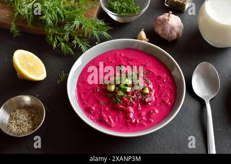 Zuppa di panna di barbabietola con yogurt, cetriolo e aneto nel recipiente su sfondo di pietra scura. Zuppa fredda estiva. Vista ravvicinata Foto Stock