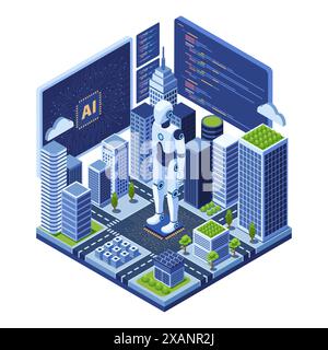Isometric Smart City potenziata dall'intelligenza artificiale. Intelligenza artificiale e robotica in Smart City Illustrazione Vettoriale