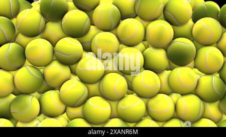 Questa immagine mostra una densa e colorata collezione di palline da tennis, disposte in modo caotico ma visivamente accattivante. Le sfere gialle riempiono il telaio, Foto Stock