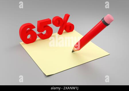 Vetro di iscrizione al 65% su podio nero, luce soffusa, sfondo liscio per la vista frontale, rendering 3d. Foto Stock