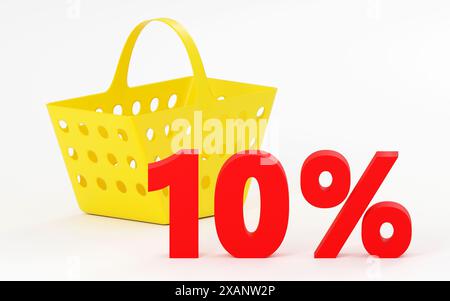 Iscrizione rossa 10% su podio nero, luce soffusa, sfondo uniforme per la vista frontale, rendering 3d. Foto Stock