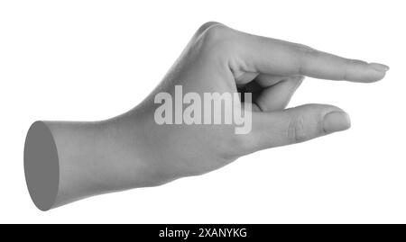 La mano di una donna regge qualcosa su sfondo bianco. Effetto bianco e nero Foto Stock