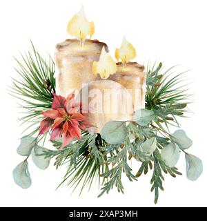 Candele con abete di pino, poinsettia, rami di eucalipto acquerello illustrazione disegnata a mano, composizione isolata su bianco. Natale, felice anno nuovo Foto Stock