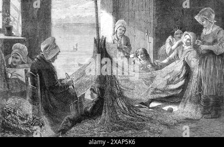 "Sunshine", di L. Smythe, in Wallis's Winter Exhibition, Suffolk-Street, 1865. Incisione di un dipinto. "La scena... come è evidente dai caratteristici berretti e dagli articoli da testa delle donne... è sulla vicina costa francese - da qualche parte, dovremmo dire, lungo la costa della Piccardia o dell'Artois. È una scena che...chiunque potrebbe vedere, passeggiando per il quartiere, per esempio, di Boulogne o Calais...la ragazza buxom del quadro, piena di raggi di sole, appoggiata sulla sua sedia per indulgere in un abbandono più completo della meraviglia, è solo un tipo della sua classe gioiosa, spiritosa e innocentemente coquettish. Foto Stock