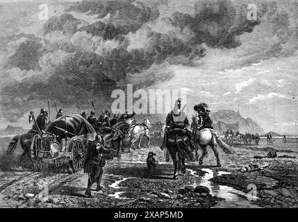 "Treno militare che attraversa le sabbie fino al castello di Elizabeth,. Jersey, in the Time of the Civil War," di R. Beavis, dalla tarda mostra della Royal Academy, 1865. "Il visitatore di Jersey saprà che la fortezza di Elizabeth Castle (così chiamata dalla sua fondatrice principale, "Queen Bess") è accessibile solo sul lato terra per un breve periodo in acque basse e da una strada rialzata naturale di ciottoli e sabbia... Mr. Beavis, il pittore del quadro che incidiamo - [ha raffigurato] i "leali" Gerseymen [che] hanno armato, equipaggiato e messo in una S Foto Stock