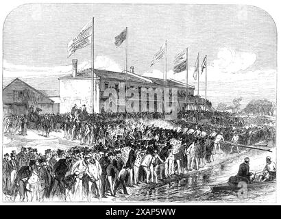 Boathouse at Putney: The Cambridge Crew going out for practice, 1868. La gara annuale di barche tra i rematori delle università di Oxford e Cambridge si svolge sul Tamigi a Londra, tra Putney Bridge e Mortlake. Le squadre competono su un percorso di 4,2 miglia (6,8 km). I membri di entrambi gli equipaggi sono tradizionalmente conosciuti come blues, con Cambridge in azzurro chiaro e Oxford in blu scuro. 'Oltre Chiswick gli Oxoniani regnavano quaranta colpi, e i Cambridge trentotto, come prima. Quest'ultimo fece una valorosa lotta fino a Barnes Bridge, ma senza effetto, dato che il blues scuro si allontanava ancora di più, e.. Foto Stock