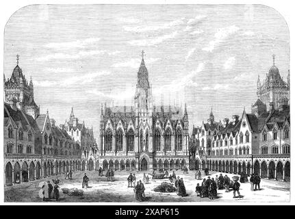 Columbia Market, Bethnal-Green [a Londra], The Quadrangle, 1869. I negozi sono alti quattro piani. La loro sistemazione consiste in cucina, cantina, magazzino e armadi nel seminterrato; negozio, salotto o ufficio, ingresso privato, al piano terra; soggiorno e quattro camere da letto ai due piani sopra. Sono destinati a concessionari di prima classe. Le ali sono alte quattro piani, esclusive delle loro cantine. Un'ala è occupata come taverna, e le altre sono divise in residenze per impiegati e inquilini di una classe media... Il quadrangolo ha un'area di 14.000 piedi superficiali, pa Foto Stock